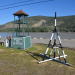 The town of Nenana puts this black and white structure on the ice in the spring. They tie it to the bell in the tower on the shore and bet on when the breakup will come.